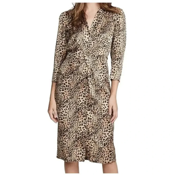 NWT Rebecca Taylor Lynx Tie Silk Leopard Print Satin Long Sleeve Dress Size 0 - Picture 1 of 8